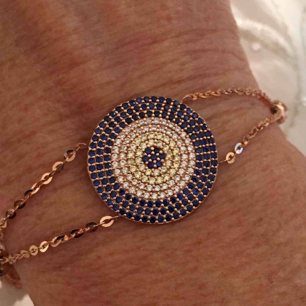 14K Solid Rose Gold Blue CZ Medallion Bracelet